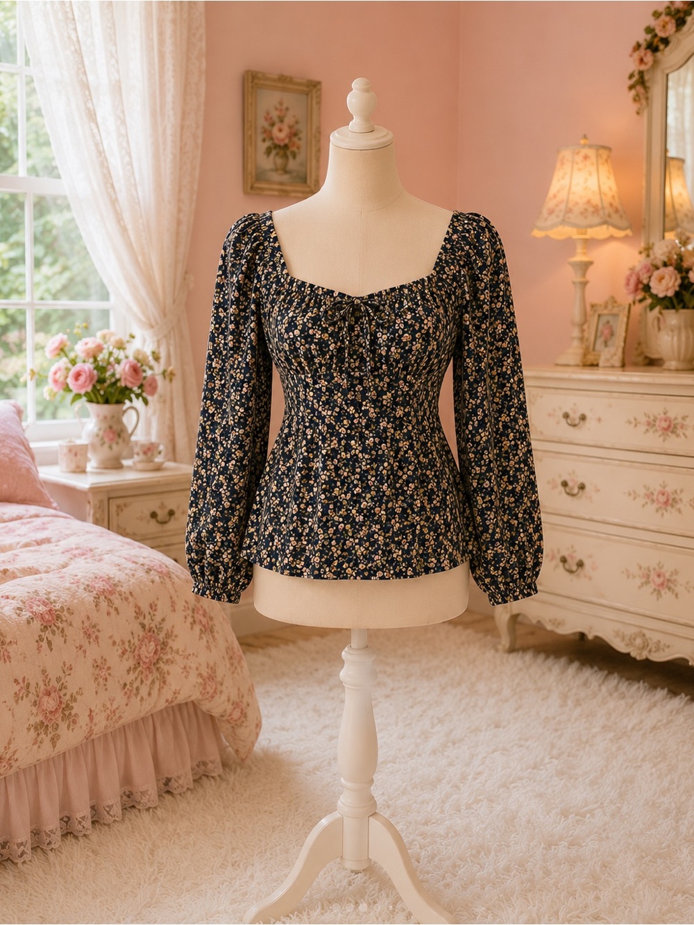 SHEIN Navy Floral Square Neck Puff Sleeve Blouse
